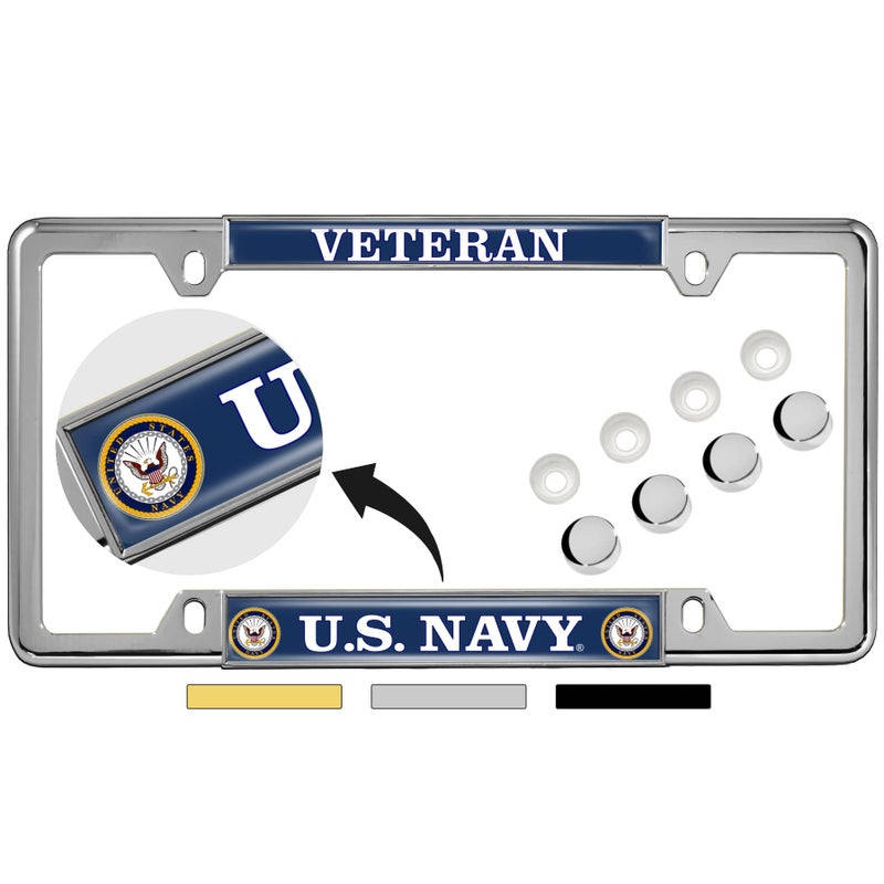BestLicensePlateFrames [Officially Licensed Product] - U.S. Navy Veteran with Eagle, Anchor Logo - Domed Custom-Made Personalized Narrow (Thin) Top 4 Hole Metal Car License Plate Frame with Free caps - Chrome (Qty:1 Frame) - Image 1